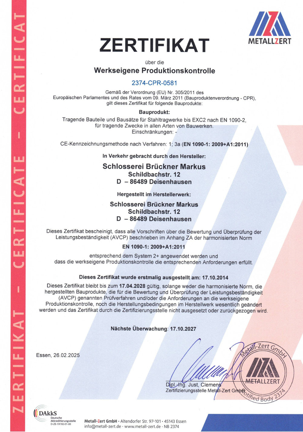 Schlosserei Brückner - Werkseigene Produktionskontrolle